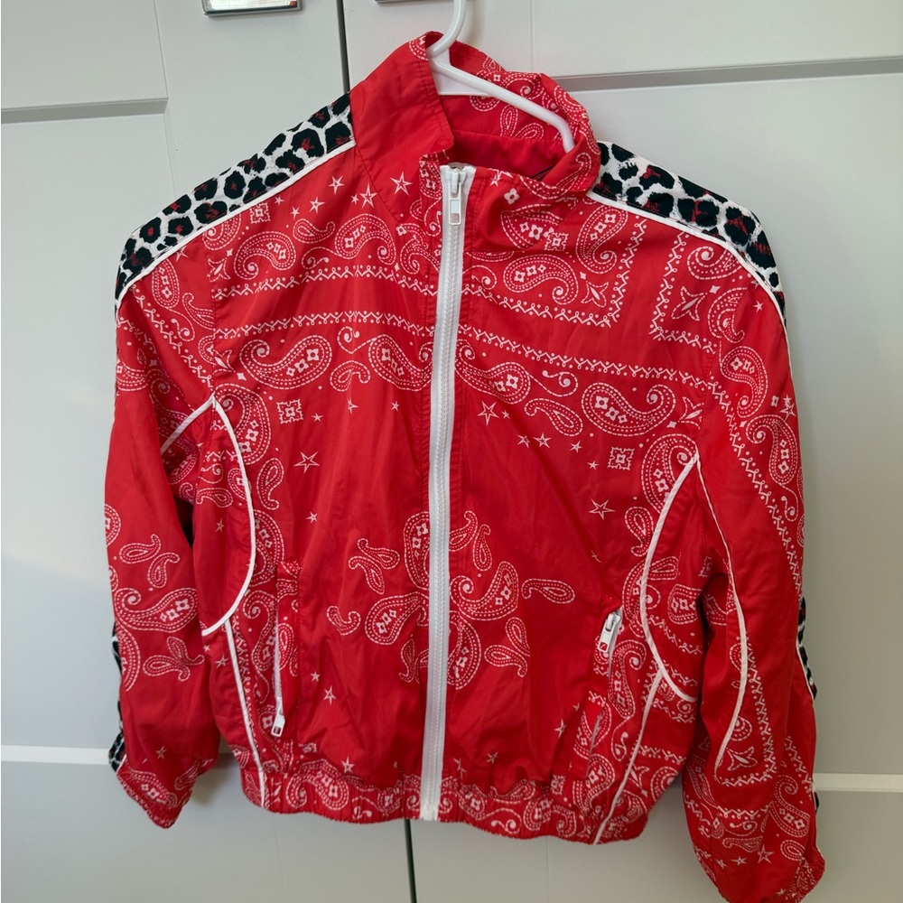 Red Puffer Jacket with Paisley Print and Stand-Up Collar